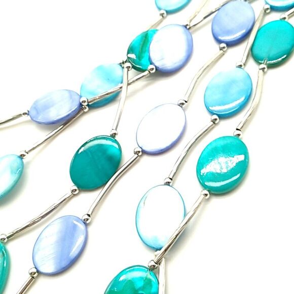 Triple Strand Shell Disc Necklace Turquoise Blue Silver-tone Tube Spacers - Picture 5 of 13